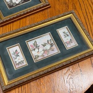 Vintage magnolia blossom matted and framed print.  Ornate gold frame.